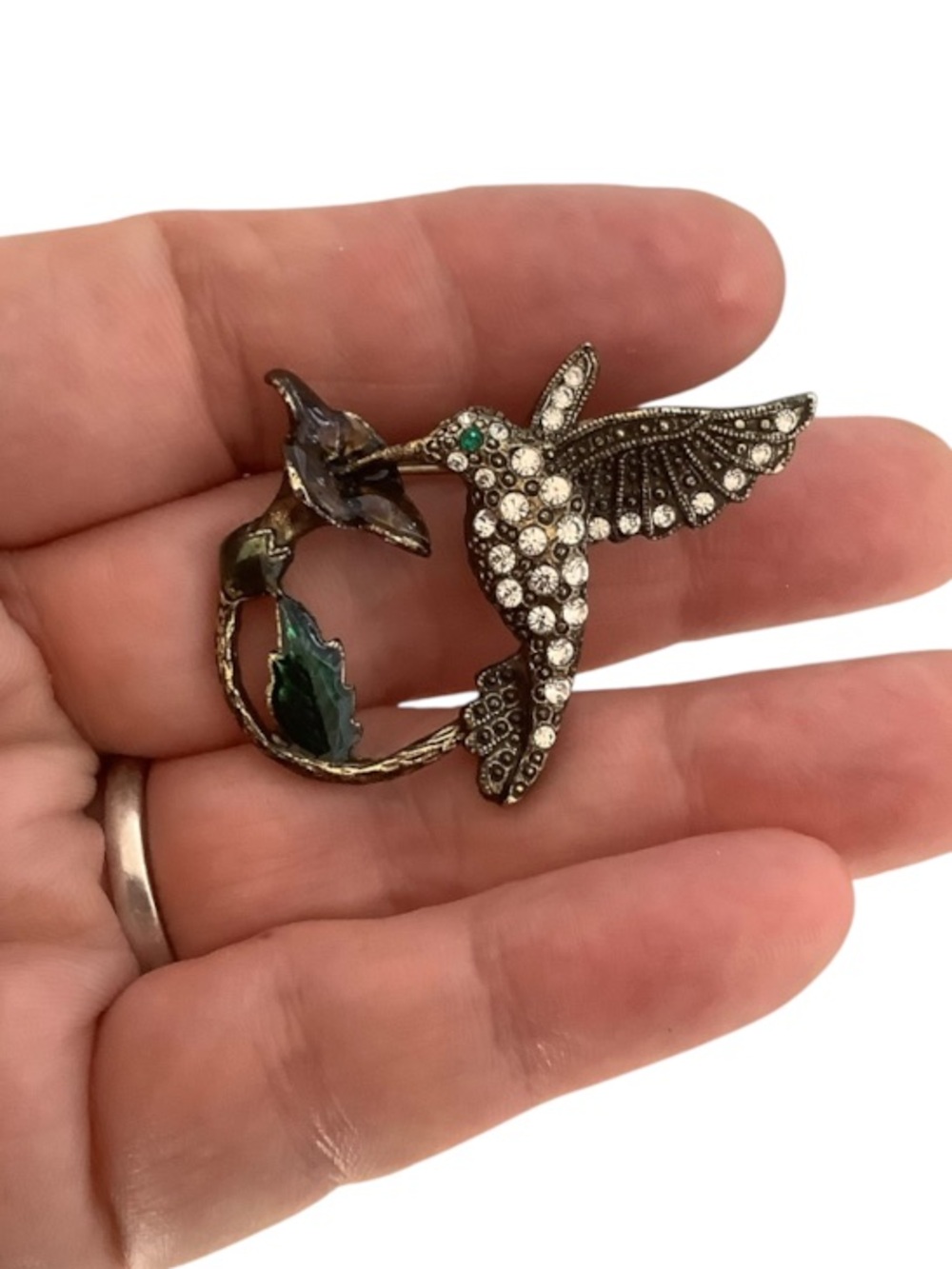 Vintage Bronze tone Crystal Hummingbird Brooch